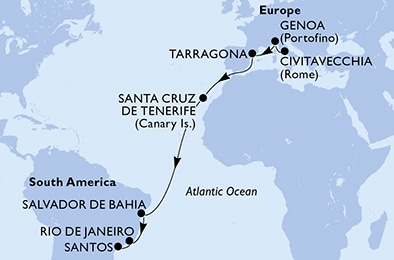 carte Civitavecchia, Genoa, Tarragona, Santa Cruz de Tenerife, Salvador, Rio de Janeiro, 18 jours