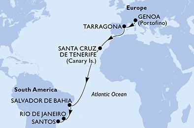 carte Genoa, Tarragona, Santa Cruz de Tenerife, Salvador, Rio de Janeiro, Santos, 17 jours