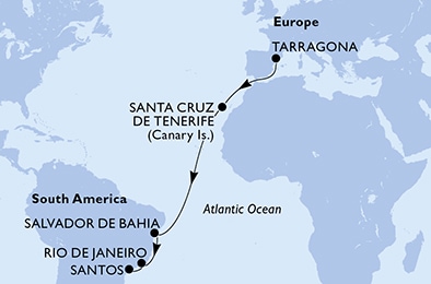 carte Tarragona, Santa Cruz de Tenerife, Salvador, Rio de Janeiro, Santos, 15 jours