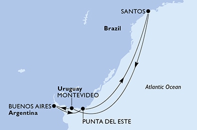 carte Santos, Montevideo, Buenos Aires, Punta Del Este, 9 jours