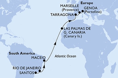carte Santos, Rio de Janeiro, Maceio, Las Palmas de G.Canaria, Tarragona, Marseille, 17 jours