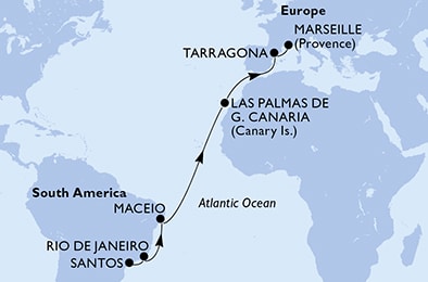 carte Santos, Rio de Janeiro, Maceio, Las Palmas de G.Canaria, Tarragona, Marseille, 16 jours