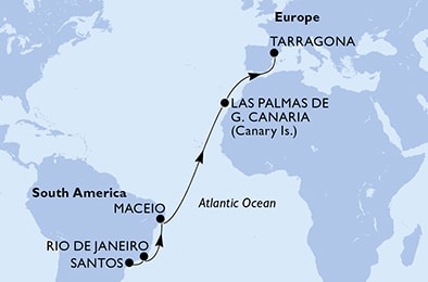 carte Santos, Rio de Janeiro, Maceio, Las Palmas de G.Canaria, Tarragona, 15 jours