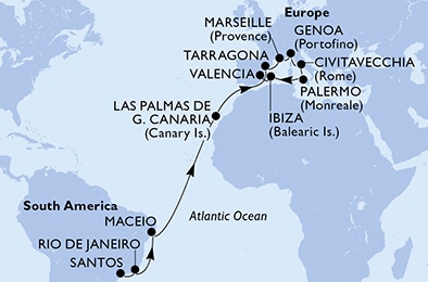 carte Santos, Rio de Janeiro, Maceio, Las Palmas de G.Canaria, Tarragona, Marseille, 22 jours