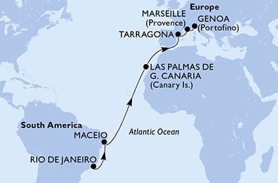 carte Rio de Janeiro, Maceio, Las Palmas de G.Canaria, Tarragona, Marseille, Genoa, 16 jours