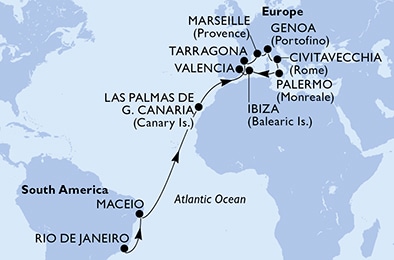 carte Rio de Janeiro, Maceio, Las Palmas de G.Canaria, Tarragona, Marseille, Genoa, 21 jours