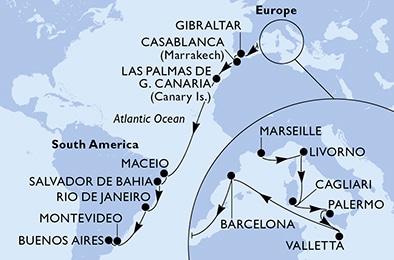 carte Marseille, Livorno, Cagliari, Palermo, Valletta, Barcelona, 25 jours