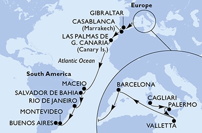 carte Cagliari, Palermo, Valletta, Barcelona, Gibraltar, Casablanca, 23 jours