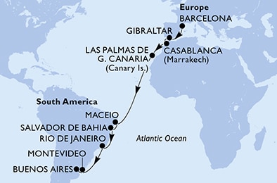carte Espagne, Gibraltar, Maroc, Brésil, Uruguay, Argentine, 19 jours
