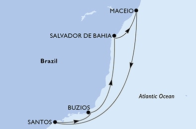 carte Salvador, Maceio, Santos, Buzios, 8 jours