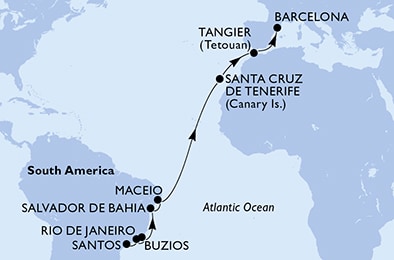 carte Santos, Rio de Janeiro, Buzios, Salvador, Maceio, Santa Cruz de Tenerife, 18 jours