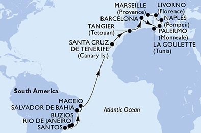 carte Santos, Rio de Janeiro, Buzios, Salvador, Maceio, Santa Cruz de Tenerife, 24 jours