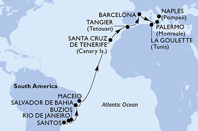 carte Santos, Rio de Janeiro, Buzios, Salvador, Maceio, Santa Cruz de Tenerife, 22 jours