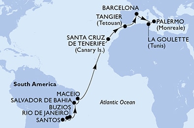 carte Santos, Rio de Janeiro, Buzios, Salvador, Maceio, Santa Cruz de Tenerife, 21 jours