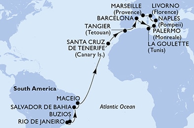 carte Rio de Janeiro, Buzios, Salvador, Maceio, Santa Cruz de Tenerife, Tangier, 23 jours