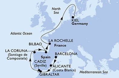 carte Barcelona, Alicante, Gibraltar, Cadiz, La Coruna, Bilbao, 11 jours