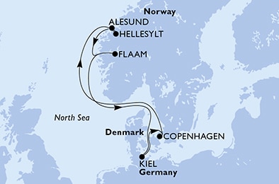 carte Kiel, Copenhagen, Hellesylt, Alesund, Flaam, 8 jours