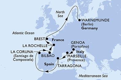 carte Genoa, Marseille, Tarragona, La Coruna, Bilbao, La Rochelle, 12 jours