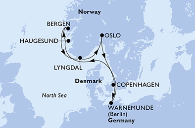 carte Copenhagen, Warnemunde, Haugesund, Bergen, Lyngdal, Oslo, 8 jours