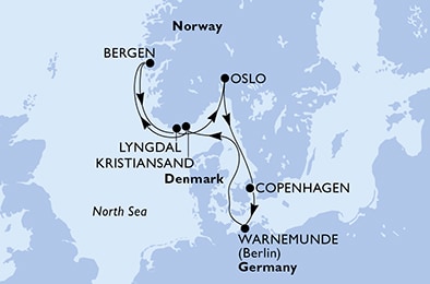 carte Copenhagen, Warnemunde, Kristiansand, Bergen, Lyngdal, Oslo, 8 jours