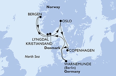 carte Warnemunde, Kristiansand, Bergen, Lyngdal, Oslo, Copenhagen, 8 jours