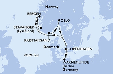 carte Copenhagen, Warnemunde, Stavanger, Bergen, Kristiansand, Oslo, 8 jours
