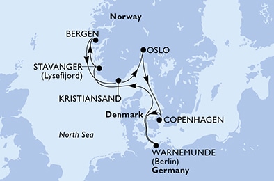 carte Warnemunde, Stavanger, Bergen, Kristiansand, Oslo, Copenhagen, 8 jours