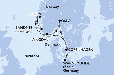 carte Copenhagen, Warnemunde, Sandnes, Bergen, Lyngdal, Oslo, 8 jours