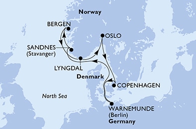 carte Warnemunde, Sandnes, Bergen, Lyngdal, Oslo, Copenhagen, 8 jours