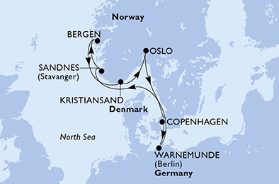 carte Copenhagen, Warnemunde, Sandnes, Bergen, Kristiansand, Oslo, 8 jours