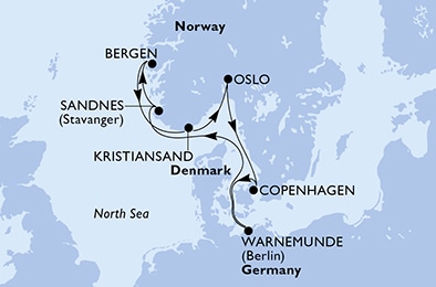 carte Warnemunde, Sandnes, Bergen, Kristiansand, Oslo, Copenhagen, 8 jours