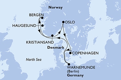carte Warnemunde, Haugesund, Bergen, Kristiansand, Oslo, Copenhagen, 8 jours