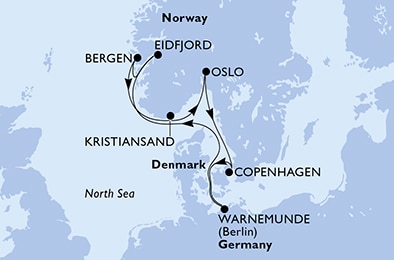 carte Warnemunde, Eidfjord, Bergen, Kristiansand, Oslo, Copenhagen, 8 jours