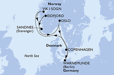 carte Warnemunde, Vik i Sogn, Eidfjord, Sandnes, Oslo, Copenhagen, 8 jours