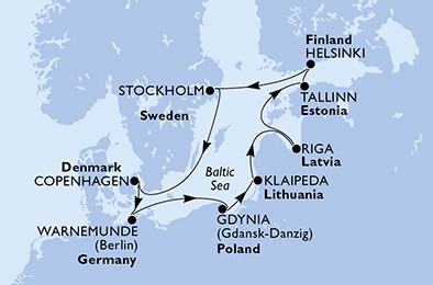 carte Copenhagen, Warnemunde, Gdynia, Klaipeda, Riga, Tallinn, 11 jours