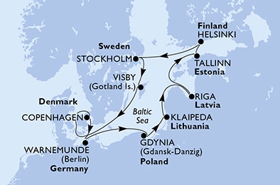 carte Copenhagen, Warnemunde, Gdynia, Klaipeda, Riga, Tallinn, 12 jours