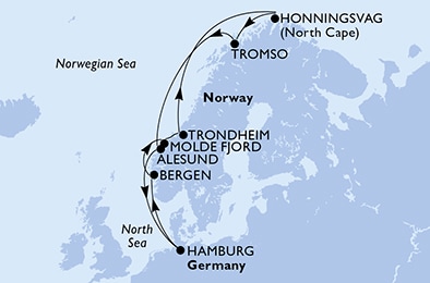 carte Hamburg, Bergen, Molde Fjord, Trondheim, Honningsvag, Tromso, 12 jours