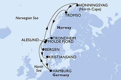carte Hamburg, Alesund, Honningsvag, Tromso, Trondheim, Molde Fjord, 13 jours