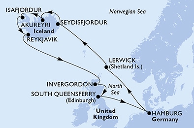 carte Hamburg, Lerwick, Seydisfjordur, Akureyri, Isafjordur, Reykjavik, 13 jours