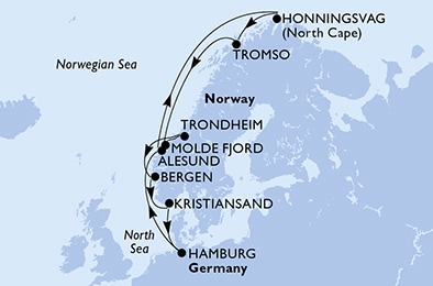 carte Hamburg, Alesund, Honningsvag, Tromso, Molde Fjord, Trondheim, 13 jours