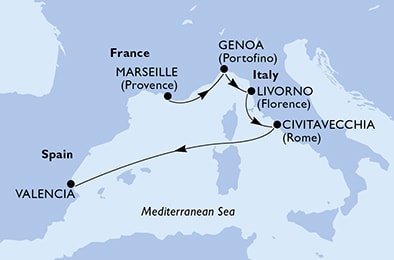 carte Marseille, Genoa, Livorno, Civitavecchia, Valencia, 6 jours