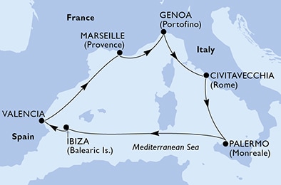 carte Marseille, Genoa, Civitavecchia, Palermo, Ibiza, Valencia, 8 jours