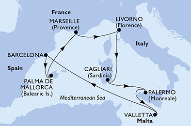 carte Valletta, Barcelona, Palma de Mallorca, Marseille, Livorno, Cagliari, 9 jours