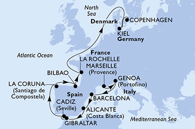 carte Marseille, Genoa, Barcelona, Alicante, Gibraltar, Cadiz, 15 jours