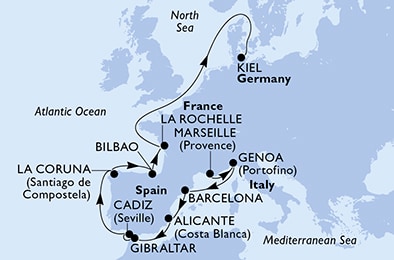 carte Marseille, Genoa, Barcelona, Alicante, Gibraltar, Cadiz, 14 jours