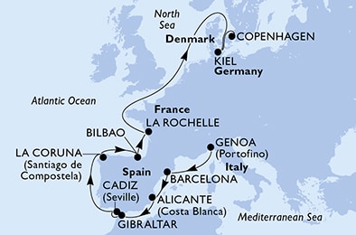 carte Genoa, Barcelona, Alicante, Gibraltar, Cadiz, La Coruna, 14 jours