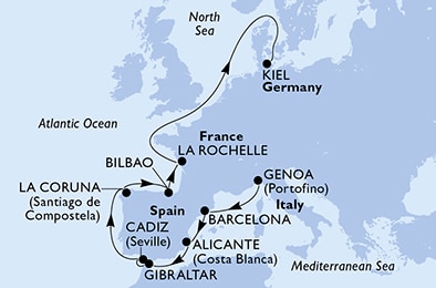 carte Genoa, Barcelona, Alicante, Gibraltar, Cadiz, La Coruna, 13 jours