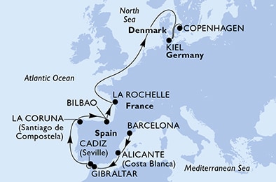 carte Barcelona, Alicante, Gibraltar, Cadiz, La Coruna, Bilbao, 12 jours