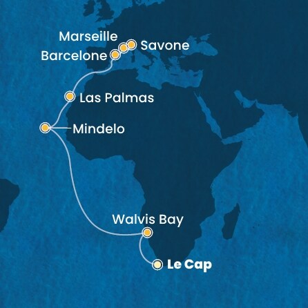 carte Afrique du Sud, Namibia, Cap Vert, Canaries, Espagne, France, Italie, 20 jours