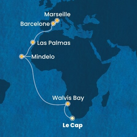 carte Afrique du Sud, Namibia, Cap Vert, Canaries, Espagne, France, 19 jours